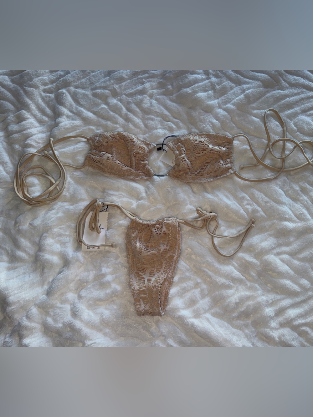 Lace String Bikini Top and Bottom - Beige